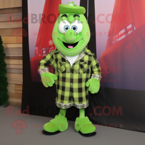 Lime Green Guinness mascot costume character dressed with a Flannel Shirt and Shoe clips