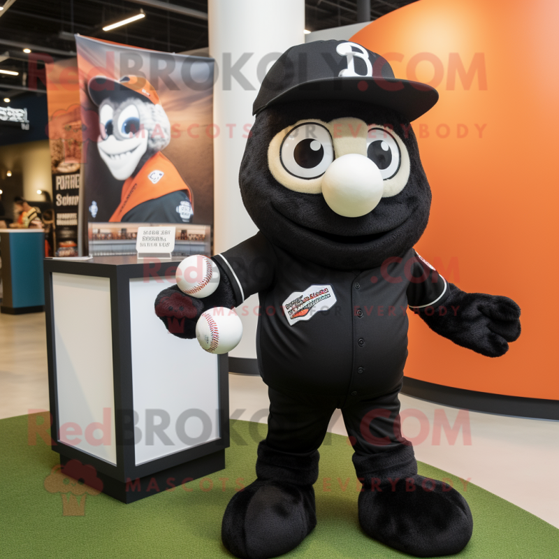 Black Momentum mascot costume character dressed with a Baseball Tee and Brooches Black Momentum mascot costume character dressed with a Baseball Tee and Brooches