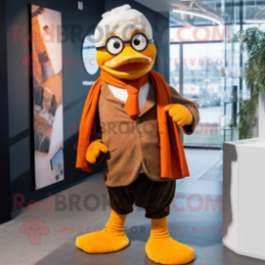 Orange Muscovy Duck mascot costume character dressed with a Suit Pants and Scarves