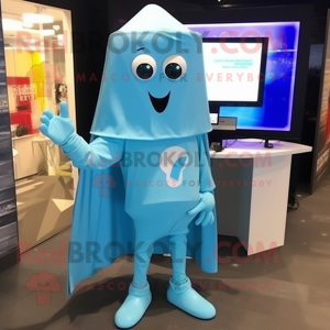 Sky Blue Computer mascot costume character dressed with a Raincoat and Lapel pins