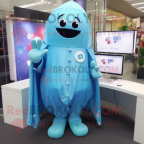 Sky Blue Computer mascot costume character dressed with a Raincoat and Lapel pins