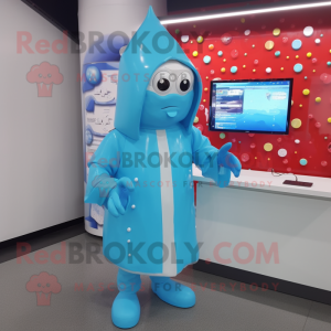 Sky Blue Computer mascot costume character dressed with a Raincoat and Lapel pins