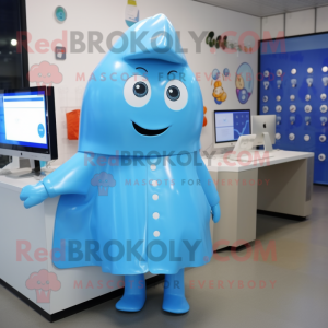 Sky Blue Computer mascot costume character dressed with a Raincoat and Lapel pins