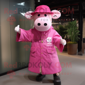 Pink Bull mascot costume character dressed with a Raincoat and Berets