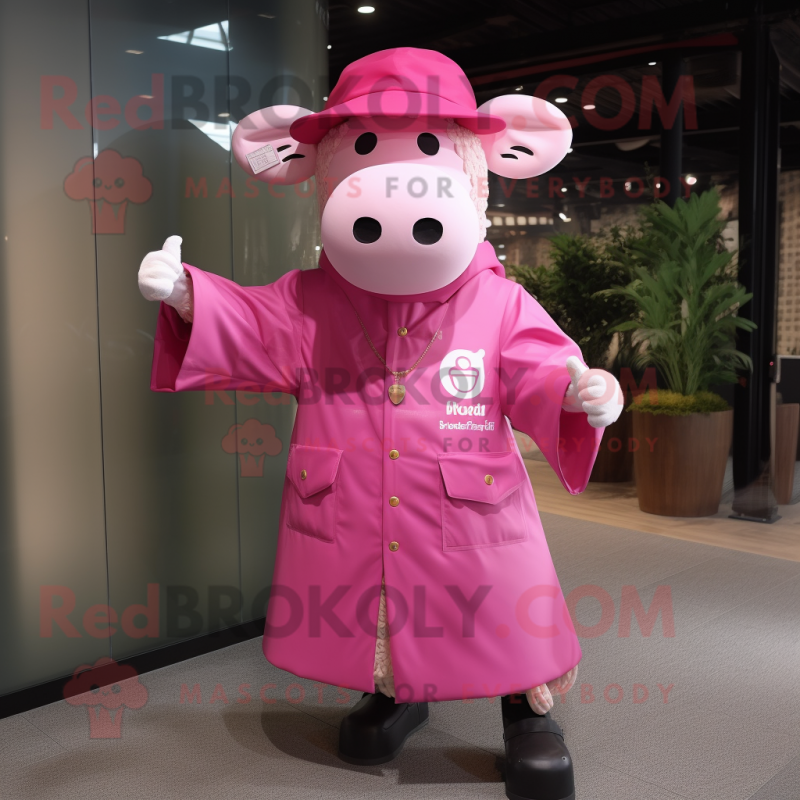 Pink Bull mascot costume character dressed with a Raincoat and Berets Pink Bull mascot costume character dressed with a Raincoat and Berets