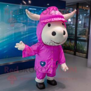 Pink Bull mascot costume character dressed with a Raincoat and Berets