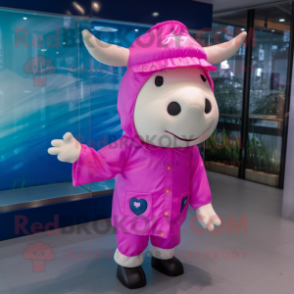 Pink Bull mascot costume character dressed with a Raincoat and Berets