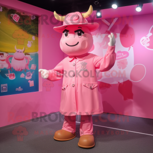 Pink Bull mascot costume character dressed with a Raincoat and Berets