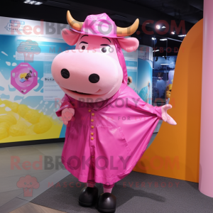 Pink Bull mascot costume character dressed with a Raincoat and Berets