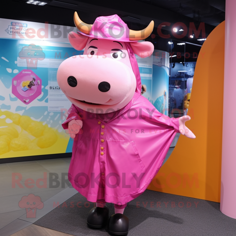 Pink Bull mascot costume character dressed with a Raincoat and Berets Pink Bull mascot costume character dressed with a Raincoat and Berets