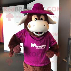 Magenta Beef Stroganoff mascot costume character dressed with a Vest and Hats