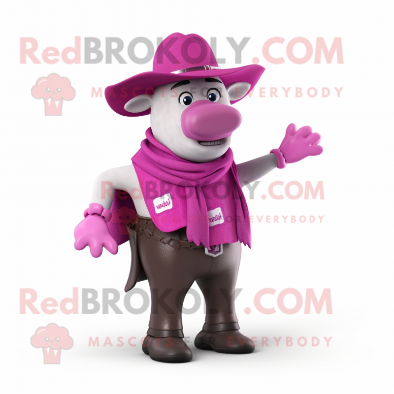 Magenta Beef Stroganoff mascot costume character dressed with a Vest and Hats