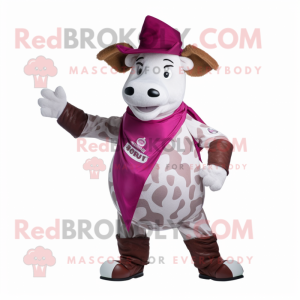Magenta Beef Stroganoff mascot costume character dressed with a Vest and Hats