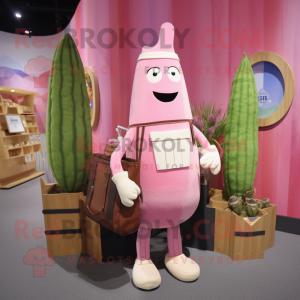 Pink Asparagus mascot costume character dressed with a Henley Shirt and Handbags