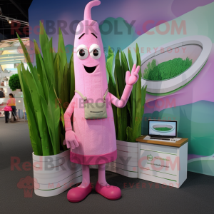 Pink Asparagus mascot costume character dressed with a Henley Shirt and Handbags