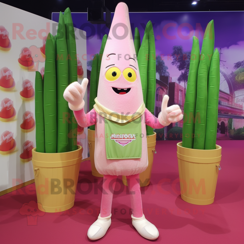 Pink Asparagus mascot costume character dressed with a Henley Shirt and Handbags