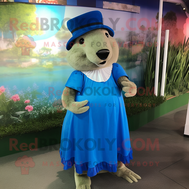 Blue Capybara mascot costume character dressed with a Maxi Dress and Caps