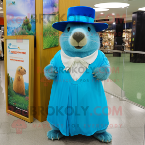 Blue Capybara mascot costume character dressed with a Maxi Dress and Caps