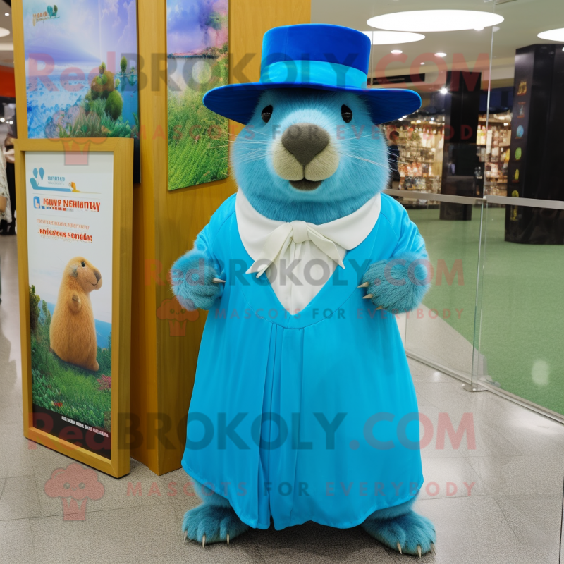 Blue Capybara mascot costume character dressed with a Maxi Dress and Caps Blue Capybara mascot costume character dressed with a Maxi Dress and Caps