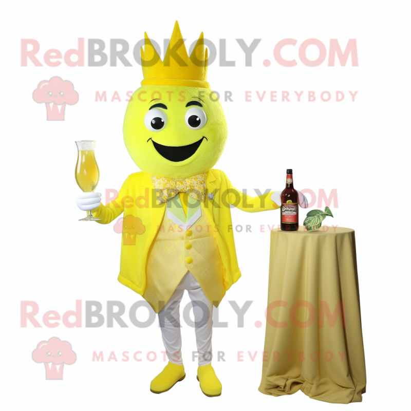 Lemon Yellow King mascot costume character dressed with a Cocktail Dress and Pocket squares Lemon Yellow King mascot costume character dressed with a Cocktail Dress and Pocket squares