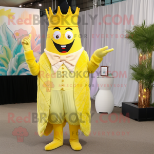 Lemon Yellow King mascot costume character dressed with a Cocktail Dress and Pocket squares