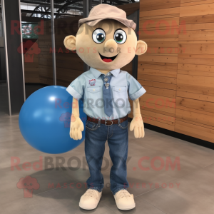 Beige Soccer Ball mascot costume character dressed with a Denim Shirt and Bow ties