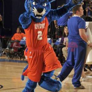 Blue panther mascot in orange sportswear