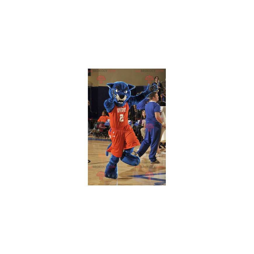 Blaues Panthermaskottchen in orange Sportbekleidung -