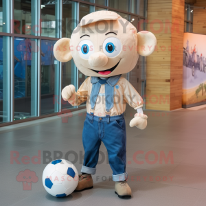 Beige Soccer Ball mascot costume character dressed with a Denim Shirt and Bow ties