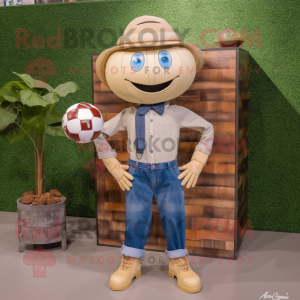 Beige Soccer Ball mascot costume character dressed with a Denim Shirt and Bow ties