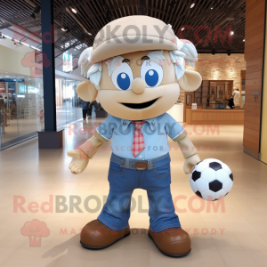 Beige Soccer Ball mascot costume character dressed with a Denim Shirt and Bow ties