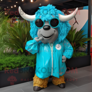 Turquoise Buffalo mascot costume character dressed with a Raincoat and Sunglasses