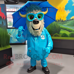 Turquoise Buffalo mascot costume character dressed with a Raincoat and Sunglasses