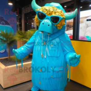 Turquoise Buffalo mascot costume character dressed with a Raincoat and Sunglasses