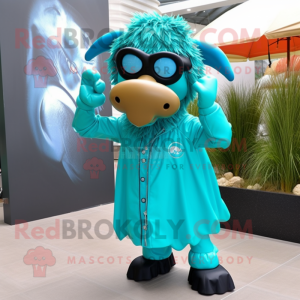 Turquoise Buffalo mascot costume character dressed with a Raincoat and Sunglasses