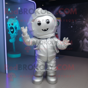 Silver Astronaut mascot costume character dressed with a Parka and Hair clips