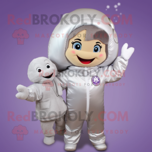 Silver Astronaut mascot costume character dressed with a Parka and Hair clips