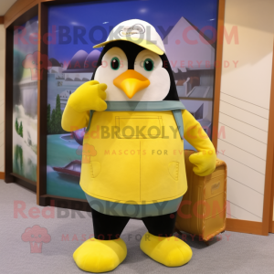 Lemon Yellow Penguin mascot costume character dressed with a Bermuda Shorts and Wallets