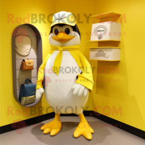 Lemon Yellow Penguin mascot costume character dressed with a Bermuda Shorts and Wallets