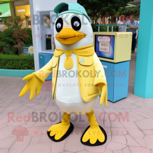 Lemon Yellow Penguin mascot costume character dressed with a Bermuda Shorts and Wallets