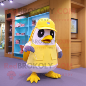 Lemon Yellow Penguin mascot costume character dressed with a Bermuda Shorts and Wallets