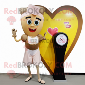 Tan Arrow Of Love mascot costume character dressed with a Pleated Skirt and Digital watches