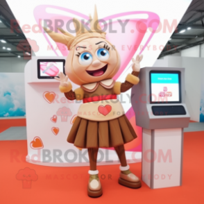 Tan Arrow Of Love mascot costume character dressed with a Pleated Skirt and Digital watches