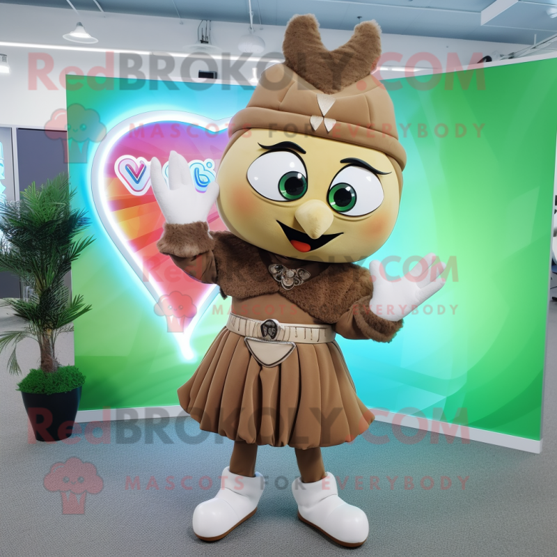 Tan Arrow Of Love mascot costume character dressed with a Pleated Skirt and Digital watches