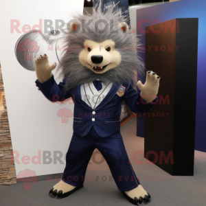 Navy Porcupine mascot costume character dressed with a Suit Pants and Bracelets