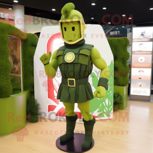 Olive Spartan Soldier mascot costume character dressed with a Swimwear and Lapel pins