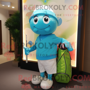 Maskotkarakter af en cyan...