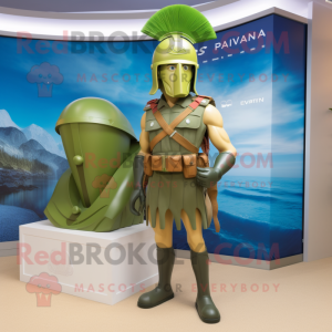 Olive Spartan Soldier mascot costume character dressed with a Swimwear and Lapel pins