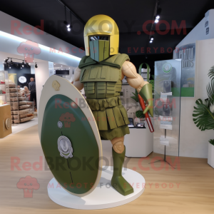 Olive Spartan Soldier mascot costume character dressed with a Swimwear and Lapel pins