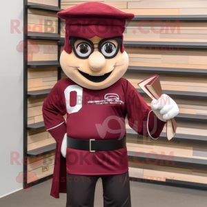Maroon Knife Thrower mascot costume character dressed with a Polo Shirt and Reading glasses